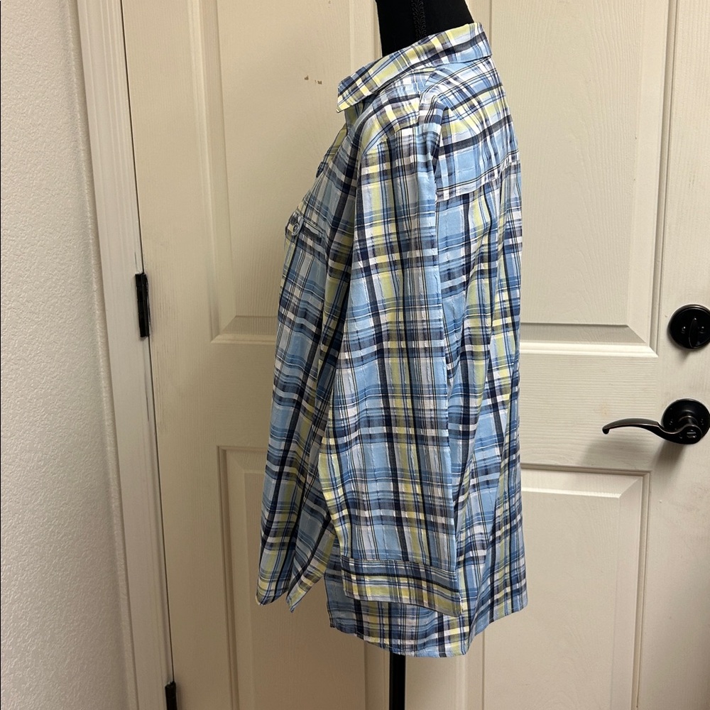 Allison Daley Plaid Button Up Shirt, Size Large, Blue and Yellow, Black EUC - Picture 8 of 9